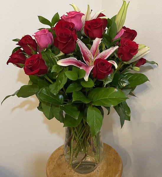 Roses with Lilies from Polly's Blooms in Sumter, SC